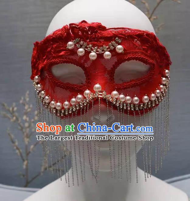 European And American Red Lace Retro Elegant Mystery Mask Tassel Covering Masquerade Halloween Carnival Party