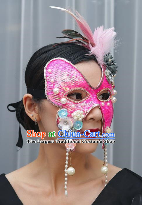 Rose Red Sequin Beaded Flower Mask Retro Elegant Masquerade Halloween Annual Meeting Party