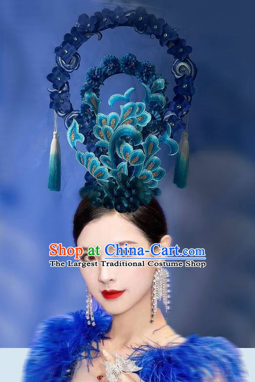 Chinese Style Blue And White Porcelain Blue National Tide Ancient Style Catwalk Model Competition Exaggerated Headdress Hair Accessories