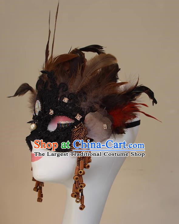 Ethnic Style Feather Brown Mask Performance Halloween Fashion Party Mysterious Half Face Accessories COS