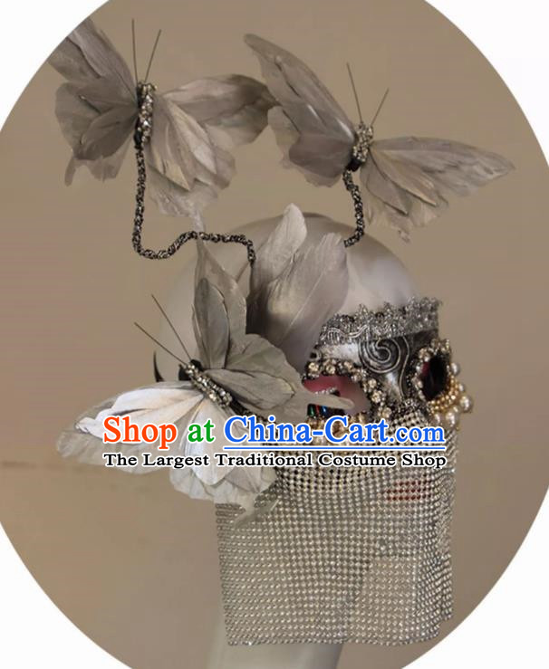 Silver Three Dimensional Feather Butterfly Metal Plating Texture Draped Veil Mask COS Performance Accessories