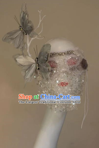 Silver Three Dimensional Feather Butterfly Metal Plating Texture Draped Veil Mask COS Performance Accessories