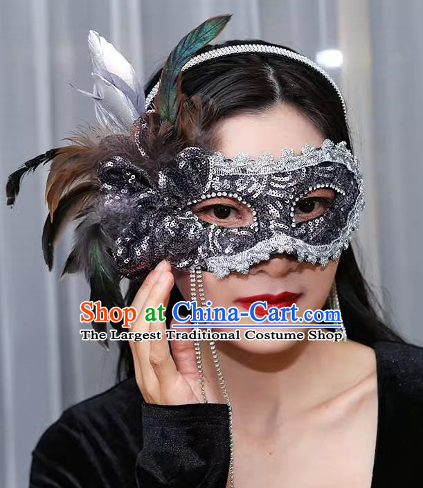 Venetian Gray Flower Mask Feather Masked Singer Halloween Carnival Party Mask