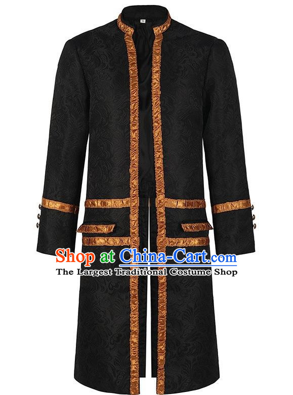 Medieval Black Jacquard Jacket Male Cosplay Old Aristocratic Court Coat Dark Gold Edging Collar Stand-Up Costume