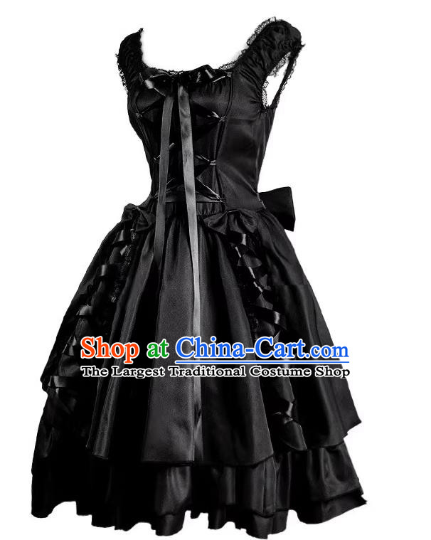 Pure Black Retro Strap Dress Gothic Bow Fluffy Maid Dress Halloween Girl Costume