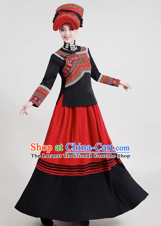 Yunnan Yi Ethnic Minority Traditional Women Dress Long Skirt Embroidery Daily Life Torch Festival Performance Costumes