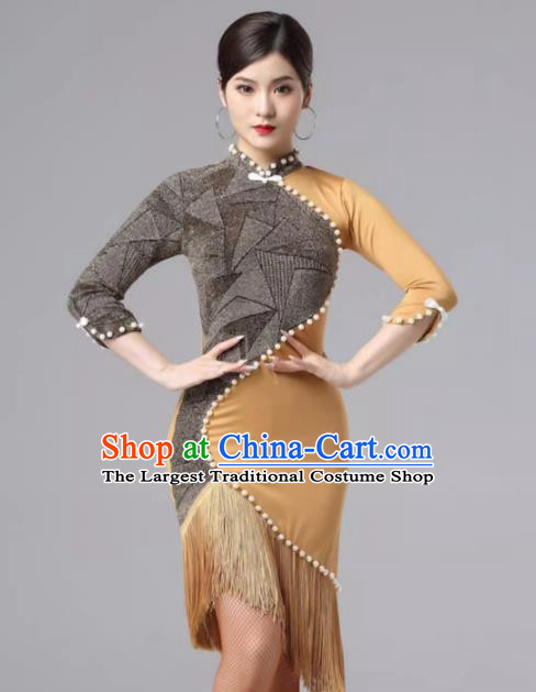 Latin Dance Skirt Practice Clothes Female Adult Performance Competition High End Cheongsam Collar Pearl Tassel Sexy Slim Dress