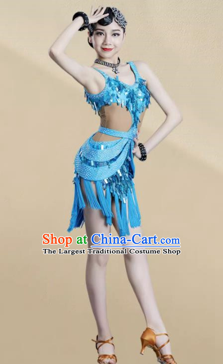 Latin Dance Competition Clothing Children Professional Sequined Tassel Skirt Children Performance Clothing Chacha Rumba