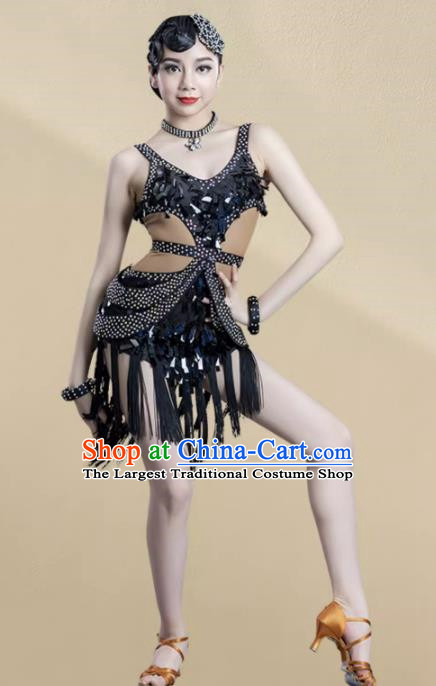 Latin Dance Competition Clothing Children Professional Sequined Tassel Skirt Children Performance Clothing Chacha Rumba