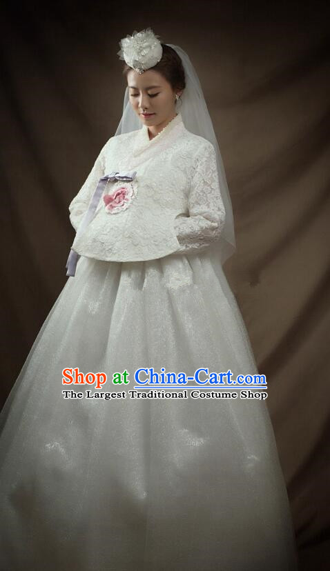White Lace Hanbok Top Bride Costume Korean Traditional Wedding Dress