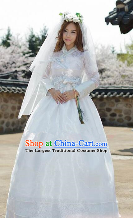 Korean Traditional Wedding Dress Handmade White Hanbok Bride Celebration Costume