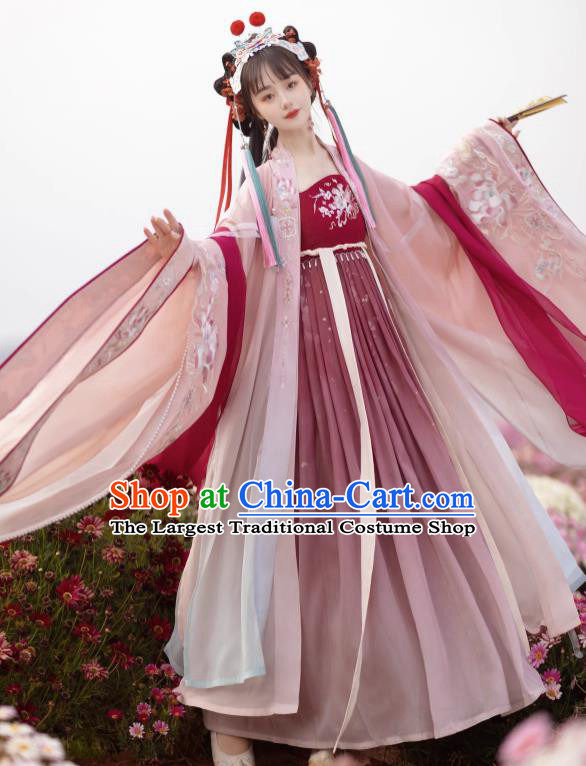 Chinese Tang Dynasty Royal Princess Garment Costumes Traditional Woman Red Hanfu Dress Ancient Flower Goddess Clothing