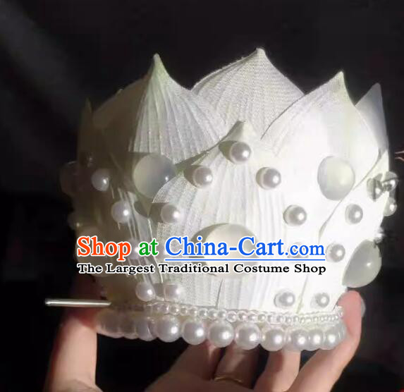 Chinese Hanfu Hair Jewelries Ancient Goddess White Lotus Crown Handmade Song Dynasty Court Empress Headdress