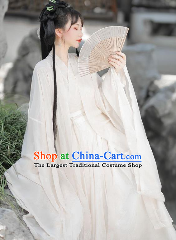 China Ancient Goddess Clothing Traditional Young Lady White Hanfu Dress Jin Dynasty Swordswoman Garment Costumes