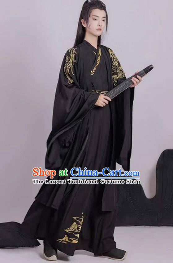 China Ancient Swordsman Black Clothing Traditional Embroidered Hanfu Jin Dynasty Royal Childe Garment Costumes