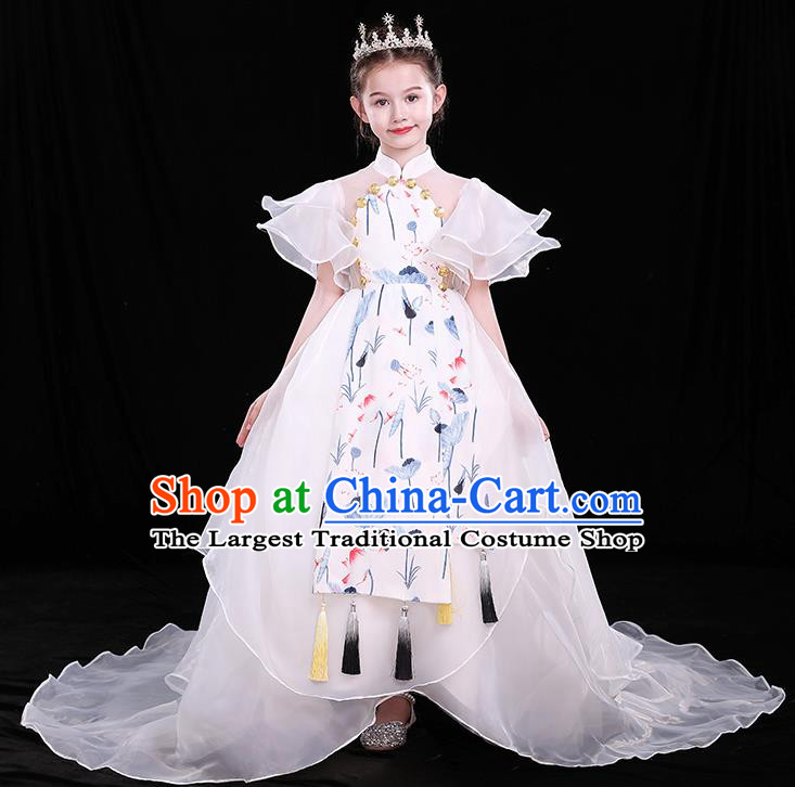 Children Modern Fancywork Clothing Chinese Girl Compere White Full Dress Catwalks Printing Lotus Costume