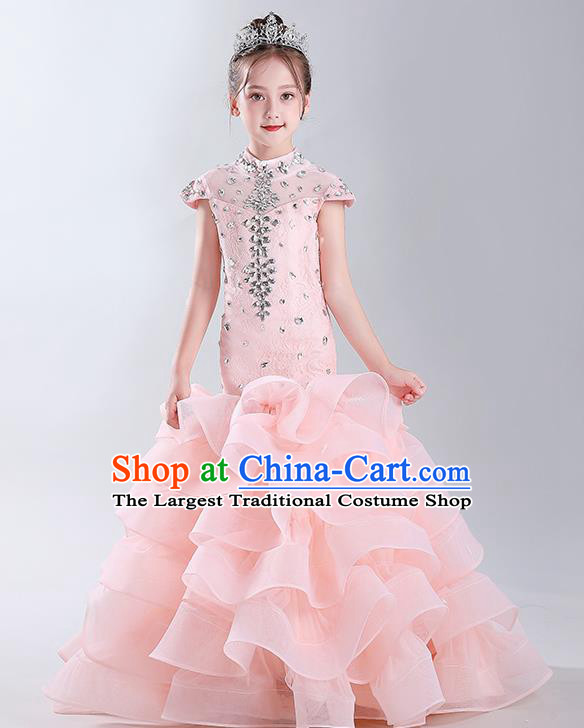 Children Modern Fancywork Clothing Girl Compere Pink Full Dress Catwalks Princess Formal Costume