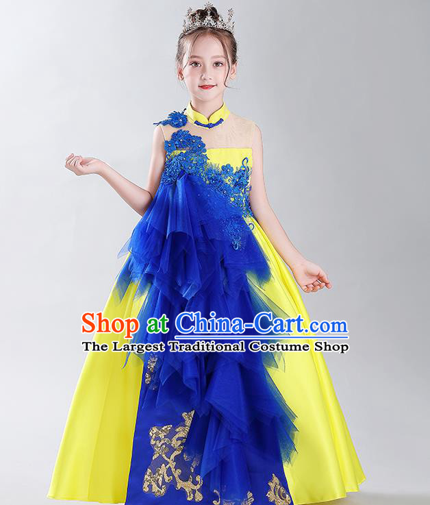 Catwalks Princess Formal Costume Children Modern Fancywork Clothing Girl Compere Yellow Full Dress