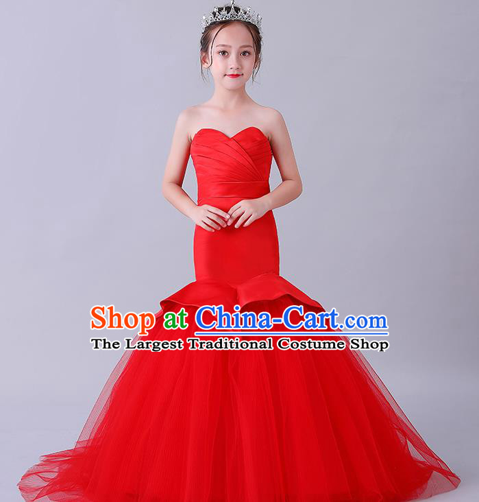 Children Stage Show Clothing Girl Compere Red Mermaid Full Dress Catwalks Princess Formal Costume