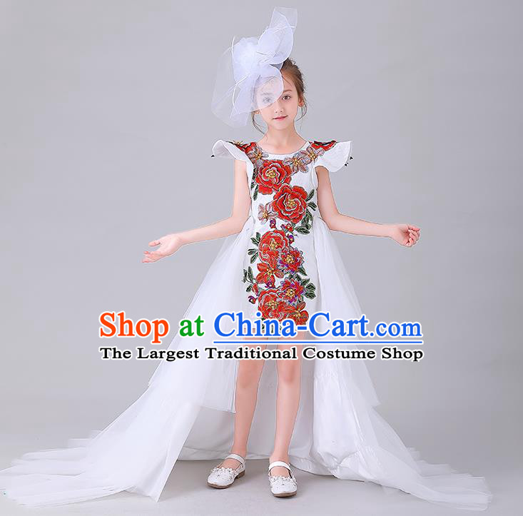 Children Catwalks Embroidered Costume Stage Show Princess Clothing Girl Compere White Full Dress