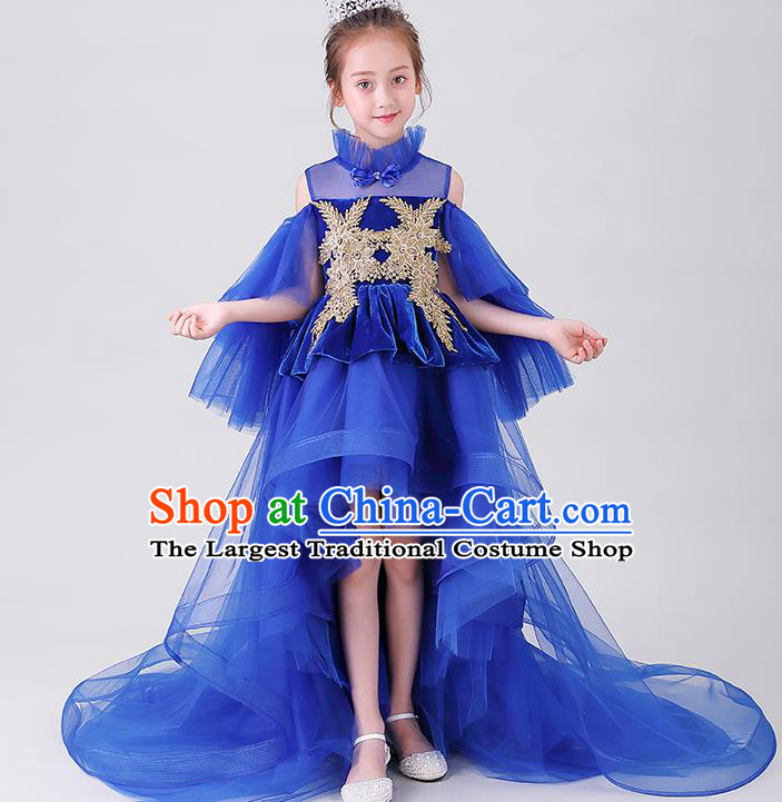 Girl Compere Royal Blue Full Dress Children Catwalks Embroidered Costume Stage Show Princess Clothing