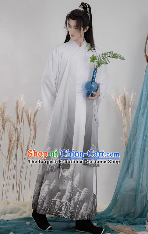 China Wuxia TV Series Swordsman White Hanfu Outfit Ancient Young Childe Costumes Song Dynasty Scholar Clothing