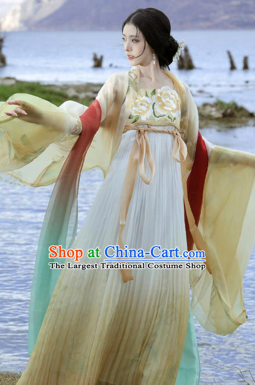 China Ancient Palace Lady Costumes Tang Dynasty Princess Yellow Dresses Traditional Hanfu Embroidered Hezi Qun Clothing