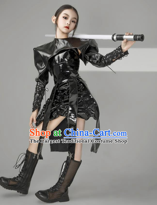 Girls One Piece Leather Skirt Black Leather Cosmic Style Technology Style Catwalk Clothing Model Clothing Knight Theme Cool Trendy Clothing
