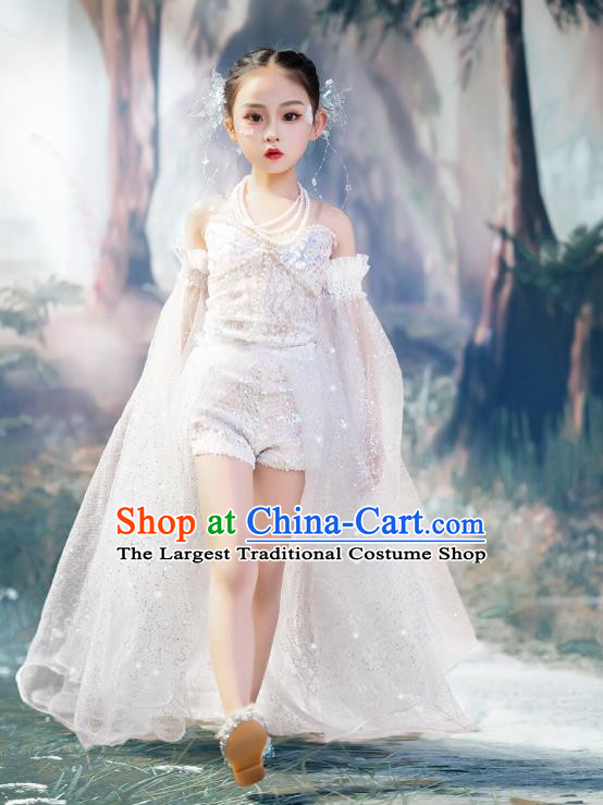 Girls White Shiny Bling Trailing Sleeves Catwalk Clothes Fairy Suit Fairy