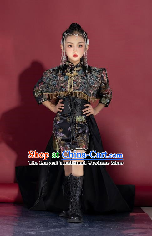 Girls Model National Trend Trailing Cheongsam Children Chinese Style T Stage Catwalk Dress Guqin Test Grade Performance Clothing