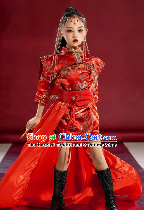 Girls Cheongsam Chinese Trend Clothing National Tide Catwalk Dress Skirt Suit Red Model Costumes Children Republic Of China Style