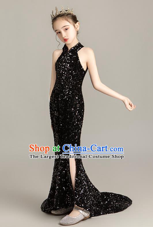 Girls Evening Dress Temperament Slim Mermaid Skirt Sequin Trailing Dress Children Host Model Catwalk Costumes