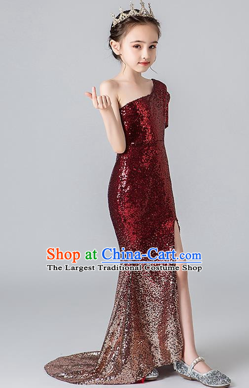 Girls Evening Dress Temperament Slim Mermaid Skirt Sequin Trailing Dress Children Host Model Catwalk Costumes