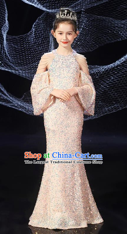 Girls Evening Dress Temperament Slim Mermaid Skirt Sequin Trailing Dress Children Host Model Catwalk Costumes