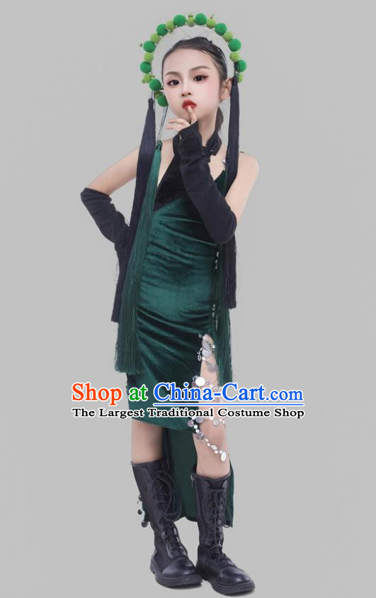 Girls Dark Green Cheongsam Suit Beijing Opera Elements Chinese Style Republic Of China Style Children Dress Catwalk