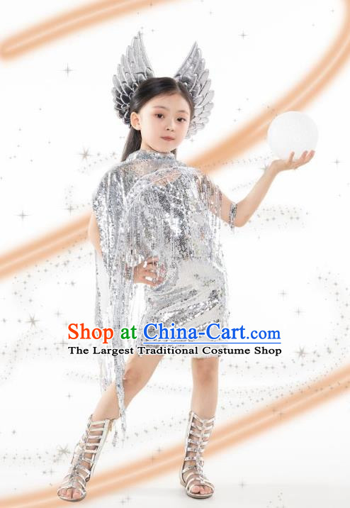 Girls Model Competition Trendy Clothes Children Catwalk Catwalk Princess Silver Sequins Future Technology Sense Yuan Universe Dress