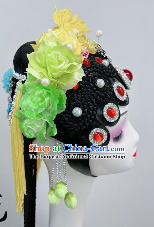 National Wind Opera Dance Performance Headdress Stage Performance Dance Headdress Yellow Green Gradient Opera Wig