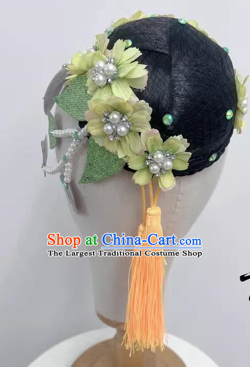 Chinese Classical Dance Fangchun Xing Wig Hair Bag Headdress Handmade Beaded Tassel Art Test Dance Headdress