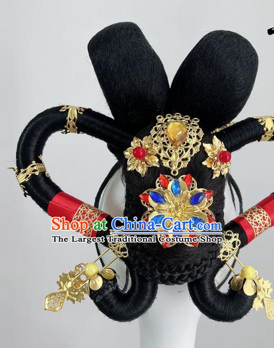 Chinese Classical Dance Han And Tang Style Noble Concubine Atmospheric Dance Performance Gold Hairpin Red Rope Wig Hair Bun Hair Accessories