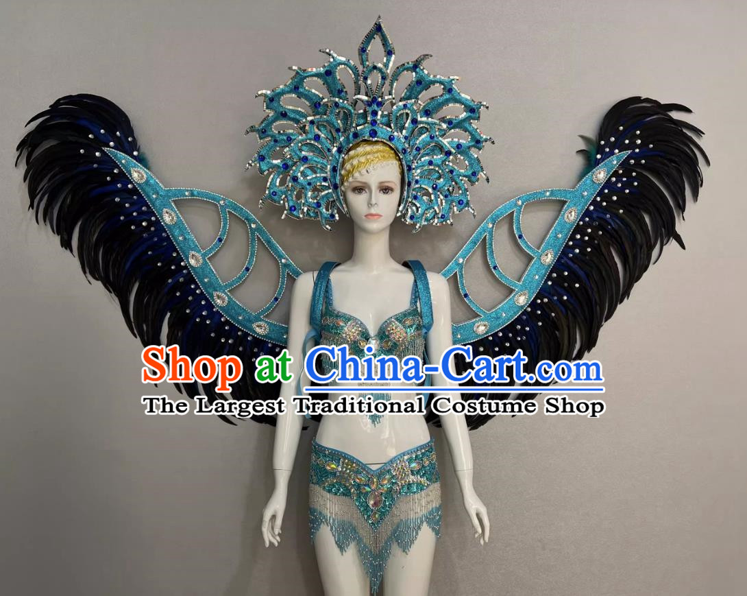 Blue Opening Dance Show Feather Headdress Dance Team Samba Costumes Mardi Gras Halloween