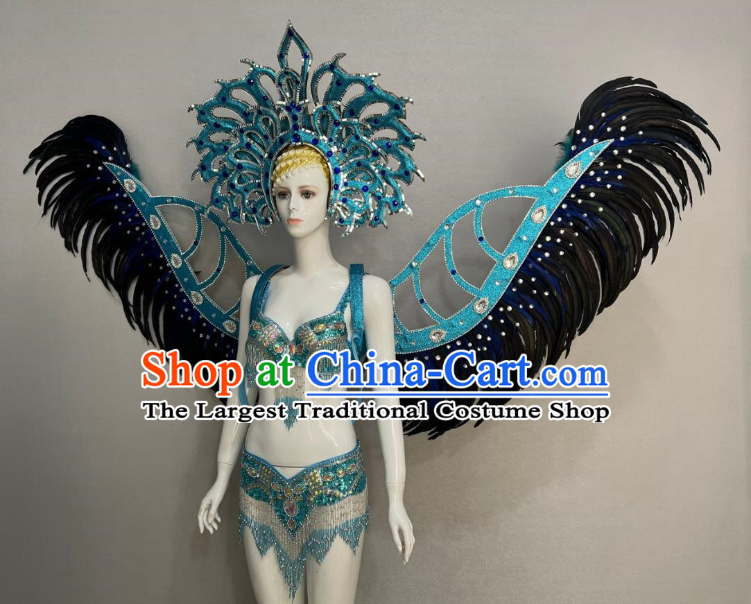 Blue Opening Dance Show Feather Headdress Dance Team Samba Costumes Mardi Gras Halloween