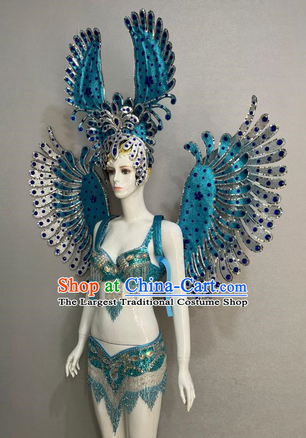 Blue Opening Dance Show Feather Headdress Dance Team Samba Costumes Mardi Gras Halloween