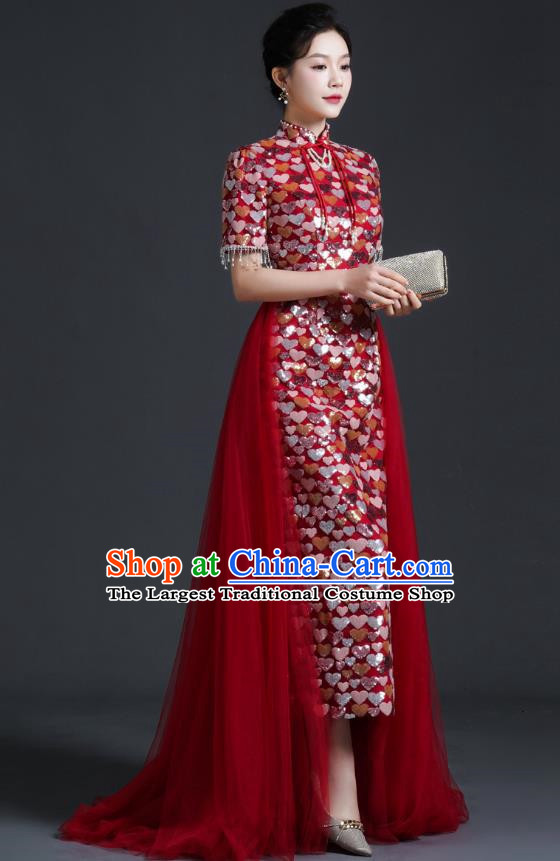 Chinese Bride Wedding Toast Dress Cheongsam Heavy Industry Long Section Noble Banquet Stage Catwalk Costume Sequins