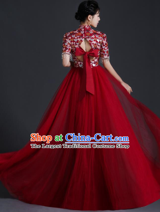 Chinese Bride Wedding Toast Dress Cheongsam Heavy Industry Long Section Noble Banquet Stage Catwalk Costume Sequins