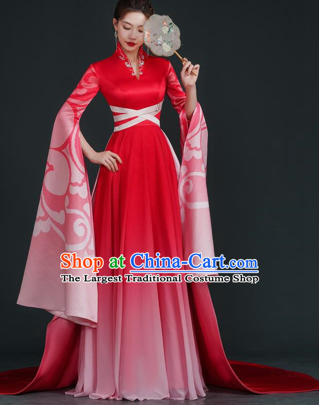 China Style Stage Catwalk Show Costumes Long Trailing Cheongsam Team Dress Art Examination Clothes