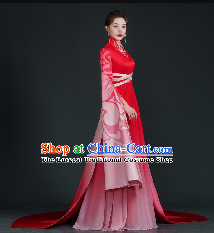 China Style Stage Catwalk Show Costumes Long Trailing Cheongsam Team Dress Art Examination Clothes