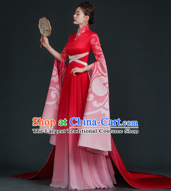 China Style Stage Catwalk Show Costumes Long Trailing Cheongsam Team Dress Art Examination Clothes