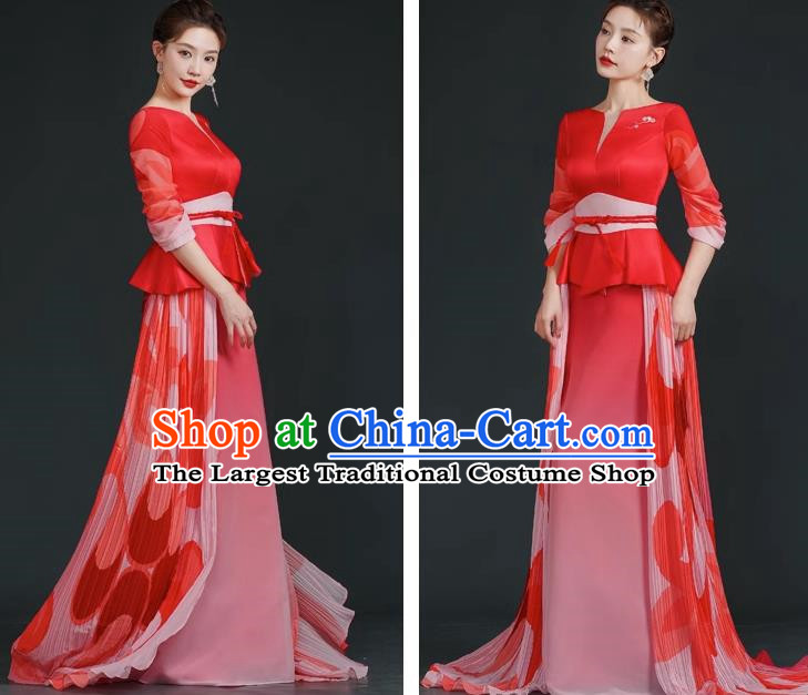 China Style Stage Catwalk Show Costumes Long Trailing Cheongsam Team Dress Art Examination Clothes