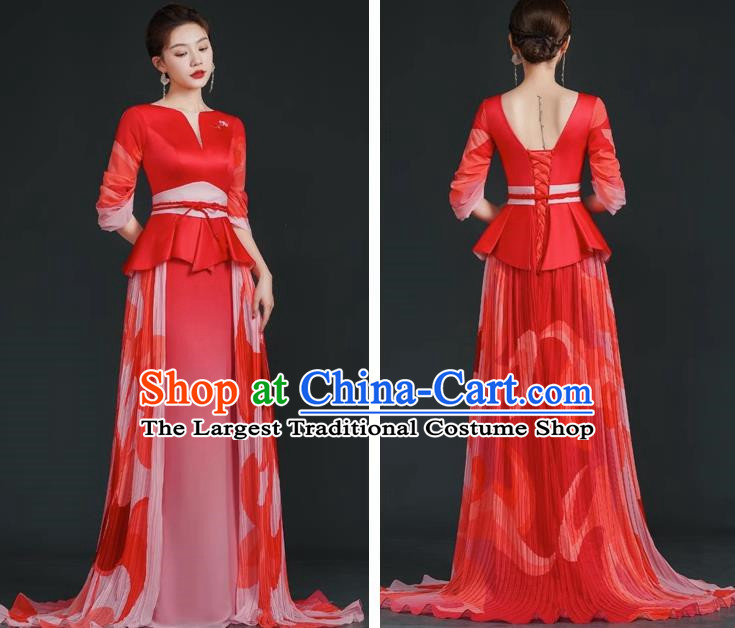 China Style Stage Catwalk Show Costumes Long Trailing Cheongsam Team Dress Art Examination Clothes