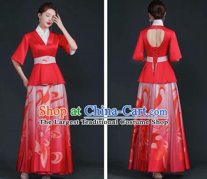 China Style Stage Catwalk Show Costumes Long Trailing Cheongsam Team Dress Art Examination Clothes